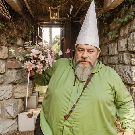 a little dwarf dressed in green, with a long white beard and stubble. a white pointed hat, he holds a pink butterfly catcher in his hand and uses it as a weapon. is in the world of minecraft and is walking through the forest