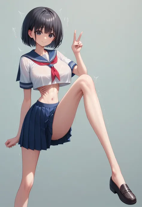 (masterpiece, best quality:1.2), front shot, beautiful 1girl, (super big breasts, micro waist:1.3), (very long legs:1.4), Black hair, short bob hair, short height, scrawny and thin body, (Very thin abdomen:1.3), Light Skin, cute big eyes, cute beautiful th...