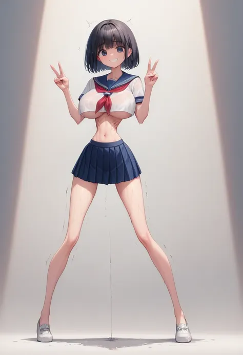 (masterpiece, best quality:1.2), front shot, beautiful 1girl, (super big breasts, micro waist:1.3), (very long legs:1.4), Black hair, short bob hair, short height, scrawny and thin body, (Very thin abdomen:1.3), Light Skin, cute big eyes, cute beautiful th...