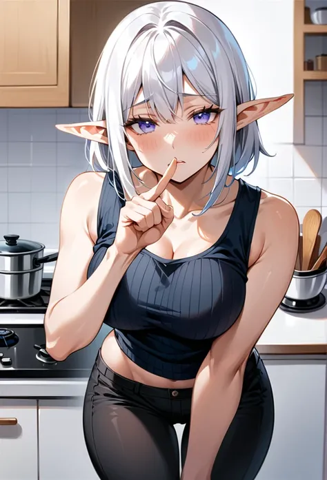 (masterpiece), best quality, expressive eyes, perfect face, Adult female, mature, tall, toned body, elf, short ears, [very short white hair], silver irises, blushing, in front of viewer, embarrassed, seductive, ribbed black tank top, black cargo pants, d-c...