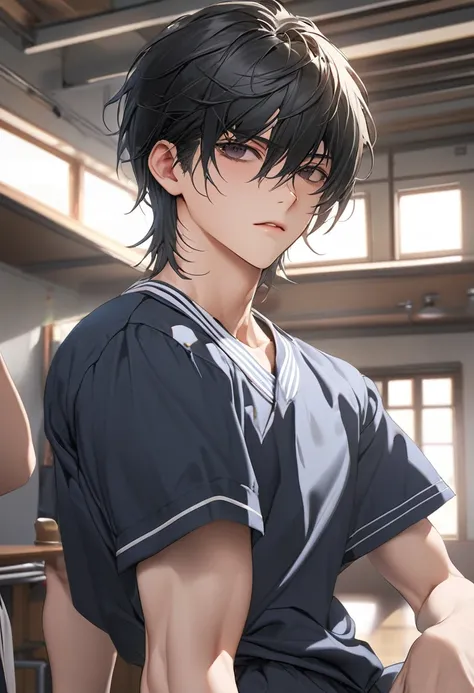 A highschool boy, handsome, perfect body, black hair, short hair, mullet, black eyes, upturned eyes, expressionless, black highschool uniform, anime, first-person view, masterpiece, anatomically correct, high details, highres, best quality, super detail, 1...