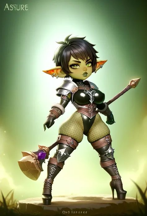 Girl, goblin girl, goblin, green skin, short, short stature,short hair, black hair, large breasts, miniskirt, latex, long gloves, thigh boots, goth, pouty lips, masterpiece, best quality, sexy, dynamic pose, 8k, shortstack, sfw, shiny, fantasy, dungeons an...