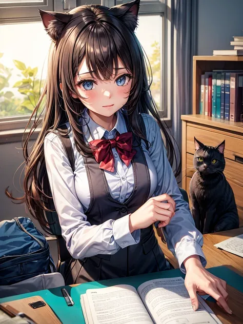 Cat girl at her desk at school