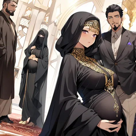 ((Highest quality)), ((masterpiece)), (detailed), （Perfect Face）、Women must wear black hijabs and niqabs、The woman is Momo Beria Deviluke, a devout Muslim., Arab with bright brown skin, In an Islamic prayer hall、She wears a gorgeous black abaya with gold e...