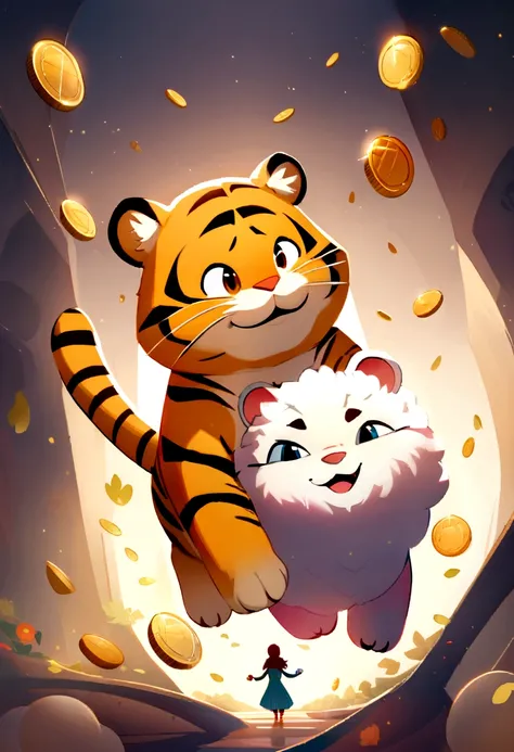 (work of art), (best qualityer), (ultra detali), (lesbian full body:1.2), super fluffy, da Pixar, Baby tiger, big shiny eyes, cuddly, ssmile, Delicate and fine, fairy tales, Incredible high details, Pixar-style, bright color palette, naturallight, octane r...