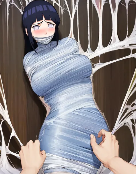 masterpiece, best quality, 1girl, solo, looking at viewer, hinata(shippuden), length hair, floating hair，large breasts , breasts out,  (arms behind back:1.4), hanging,spiders in the web,long spider, Hinata, desperate，mouth gagged, silk gagged, struggle, en...