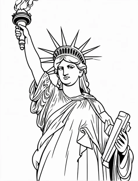 ((The Statue of Liberty holding her torch high)), (black and white), (masterpiece), (coloring page), line art drawing, graphic, (simple line art), vector graphics, Clear and Distinct Lines, Varied Line Weights, Smooth curves, Bold outlines, Crisp shapes
