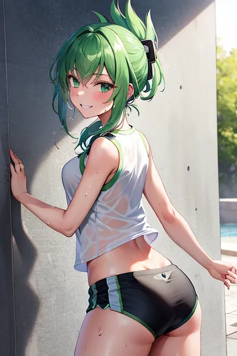 Green hair, folded ponytail, fine eyes, green eyes, masterpiece, sweat, soaked, best quality, hi-res, solo, wicked grin, ass facing you, running action and elegance, white sports short shorts, wet pants, white running shirt, wet shirt, sleeveless, braless,...