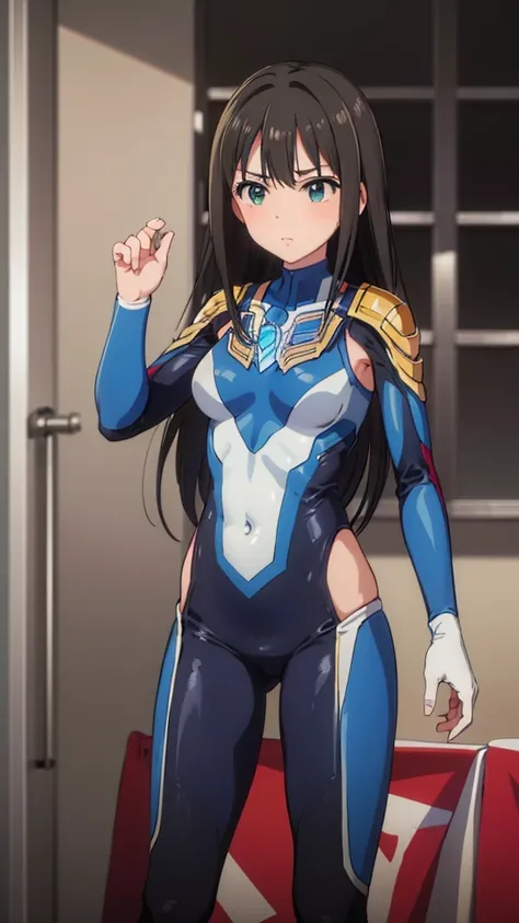 (masterpiece、Highest quality、In 8K、High resolution:1.2)、alone、One Girl、 Rin Shibuya、Tight clothes、Cowboy Shot、Hero Suit、Bodysuits、Tight suit、Trained abdominal muscles、Trained biceps、(Hmph :1.0）、 青いウルトラマンBodysuits、Shining jewel on the chest、（building:1.2)、N...