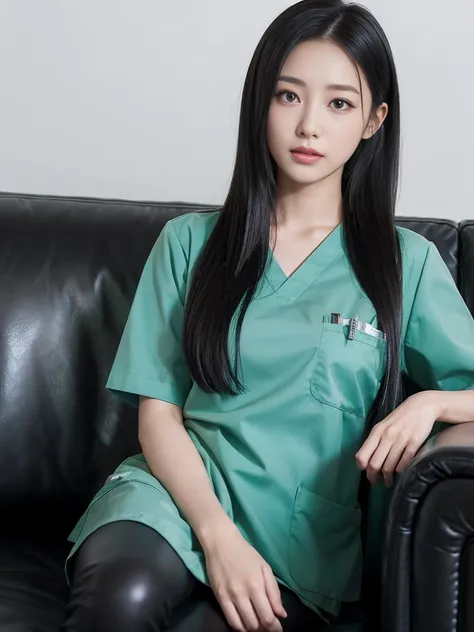 Young woman wearing scrubs sits on a black leather sofa.,Medium-sized breasts,long black hair,sexly,ScrubsGreen,realistically,realistic