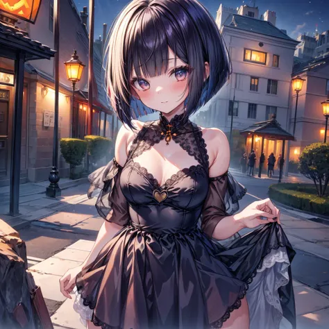 ((Highest quality)), ((masterpiece)), (detailed), 1girl, 独奏, bob cut, halloween costume, night