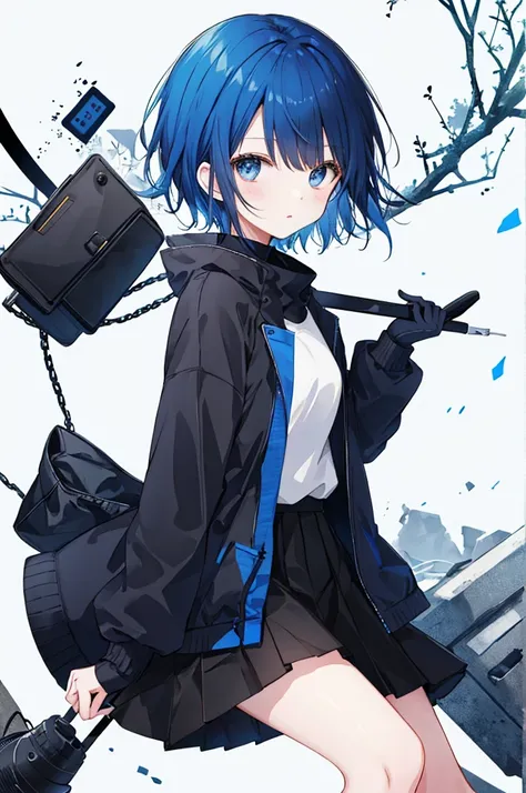 Blue short hair girl。wearing black winter clothes