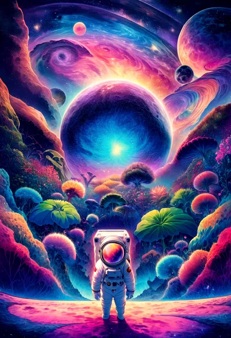 HD details, Close-up of a man in a spacesuit, planet in background, Psychedelic cosmic horror, Psychedelic illustrations, Cosmic Space, growing plants, world of psychopaths, art graphic space background, Illustration of the universe, Cosmic Space, LSD univ...