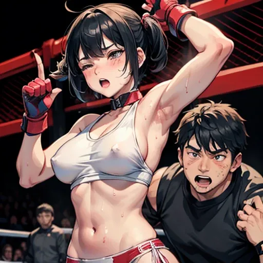 a man defeats a girl. A young, cute, bloody, bruised, sweaty Japanese female street fighter and a male fighter are fighting so hard  in a octagon. she is beated out terribly by him. She has short-cut black hair. She is crying. Both eyes half  closed. Short...