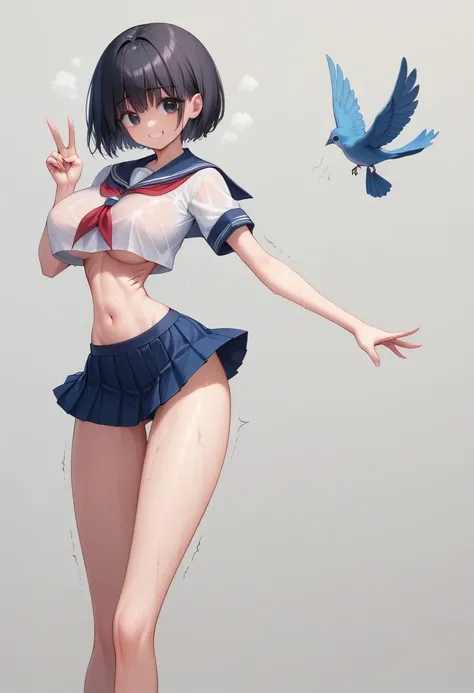 (masterpiece, best quality:1.2), front shot, beautiful 1girl, (super big breasts, micro waist:1.3), (very long legs:1.4), Black hair, short bob hair, short height, scrawny and thin body, (Very thin abdomen:1.3), Light Skin, cute big eyes, cute beautiful th...