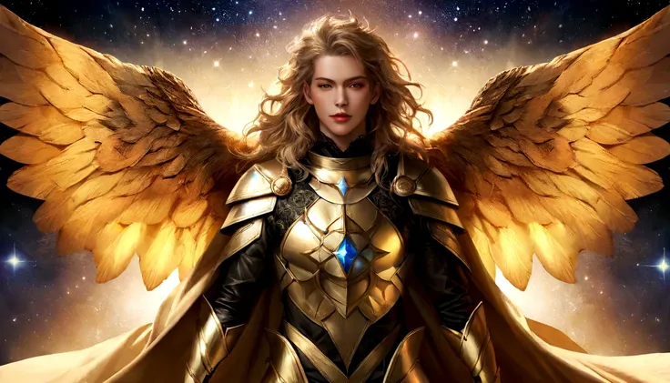 male character, Arcanjo Miguel, celestial image, details Intricate, realistic, ROSES and big wings, angelic background, Catholic illustrative depiction of the Arcanjo Miguel, male character of the Bible, Michael is dressed in angelic armor, Space backgroun...