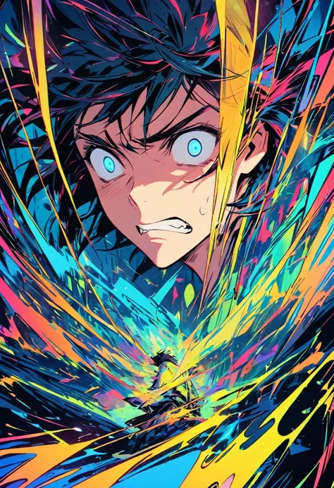 An young mans frightened face in comic book style, depicted in a bold, expressive lines and vibrant colors, against a contrasting gradient background that oscillates between electric blue and neon yellow, evoking a sense of urgency and unease, the subjects...