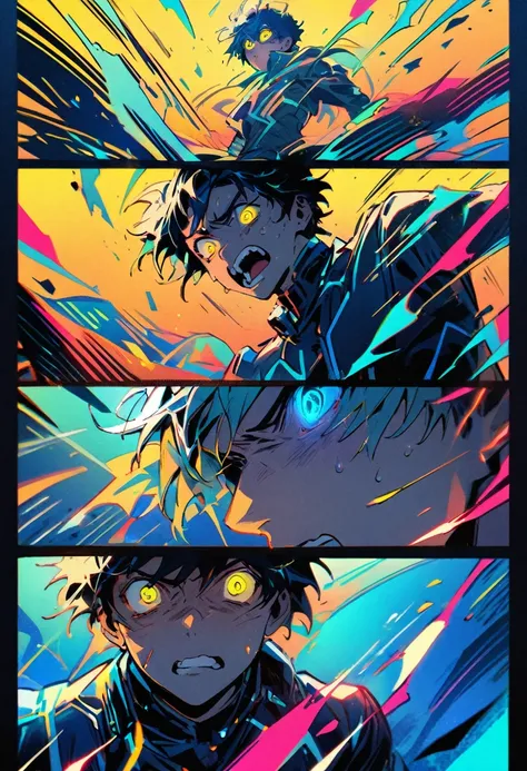 An young mans frightened face in comic book style, depicted in a bold, expressive lines and vibrant colors, against a contrasting gradient background that oscillates between electric blue and neon yellow, evoking a sense of urgency and unease, the subjects...