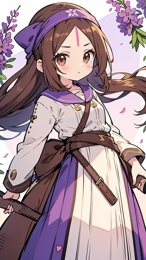 An anime girl in a lavender Clan outfit, with long, loose brown hair and brown eyes and a bandana on her forehead 