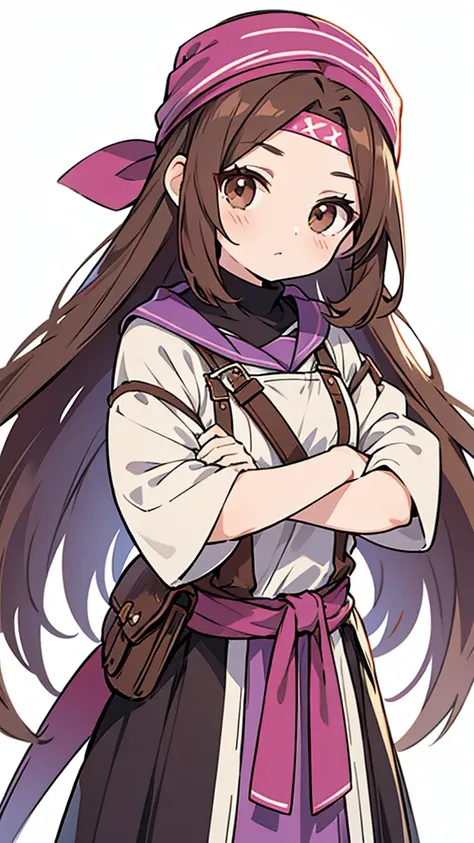 An anime girl in a lavender Clan outfit, with long, loose brown hair and brown eyes and a bandana on her forehead 