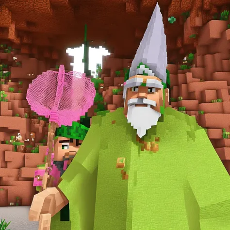 a little dwarf dressed in green, with a long white beard and stubble. a white pointed hat, he holds a pink butterfly catcher in his hand and uses it as a weapon. is in the world of minecraft and is walking through the forest