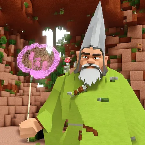 a little dwarf dressed in green, with a long white beard and stubble. a white pointed hat, he holds a pink butterfly catcher in his hand and uses it as a weapon. is in the world of minecraft and is walking through the forest