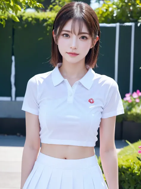 ((Upper Body))、1 Girl, alone, White polo shirt, White sneakers, Pink tennis wear: 1.3, White mini skirt, masterpiece, Highest quality, Realistic, Hyper Detail, (Shiny skin, Sweaty: 1.4), Confused, Looking into the camera, Short black hair, Brown eyes, thin...