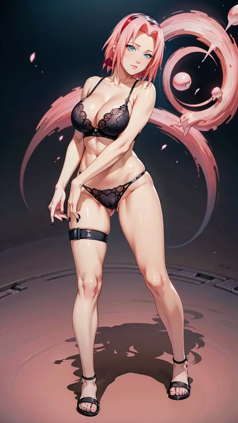 Masterpiece,8k,((best quality)), illustration, full length picture,(( full body visible)), best anatomy,one person, ((Sakura Haruno)), (standing pose),Pink hair,bob hairstyle,headband, beautiful eyes, deep green eyes with highlights, black nails, beautiful...