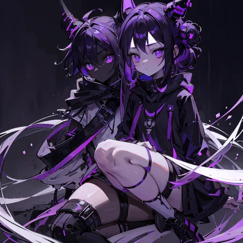 boy. thoughtful look. open forehead. black and purple hair tied in a bun on the left side to one side. winding black horns wrapped in white ribbon. white violet eyes. in short dark purple shorts. long white T-shirt. dark purple knee-high socks. dark purple...