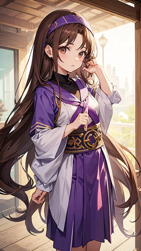 An anime girl in a lavender Clan outfit, with long, loose brown hair and brown eyes and a bandana on her forehead 