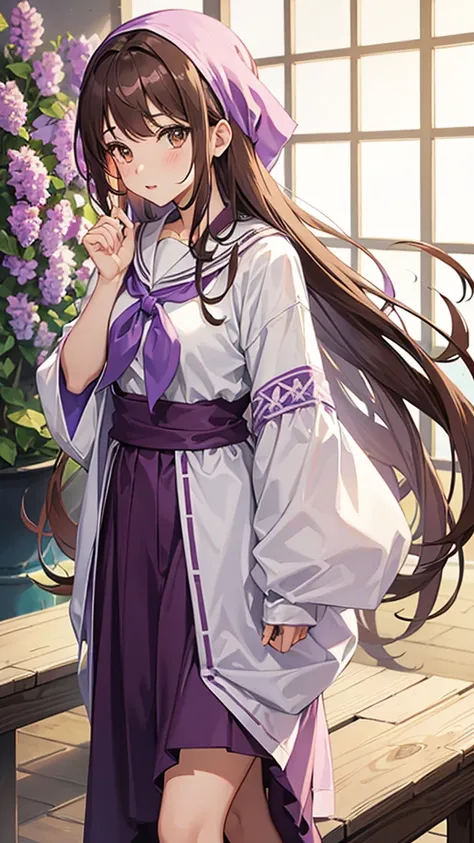 An anime girl in a lavender Clan outfit, with long, loose brown hair and brown eyes and a bandana on her forehead 