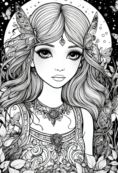 (A black and white coloring book:1.5), A magical fairy surrounded by glowing fireflies in a moonlit forest, clean line art, white background, colouring page, clean outline