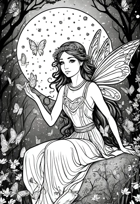 (a black and white coloring book:1.5), a magical fairy surrounded by glowing fireflies in a moonlit forest, clean line art, whit...