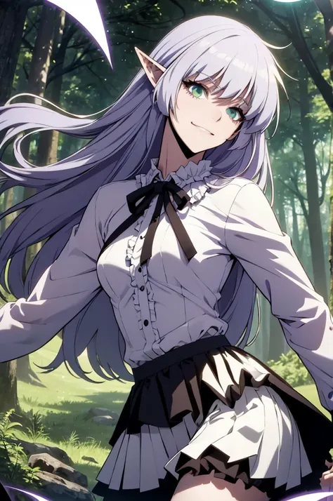 alice vampire purple hair, long hair, green eyes, pointy ears, small breasts white shirt, frills, neck ribbon, black skirt, little smile, magic, Mysterious forest on background 