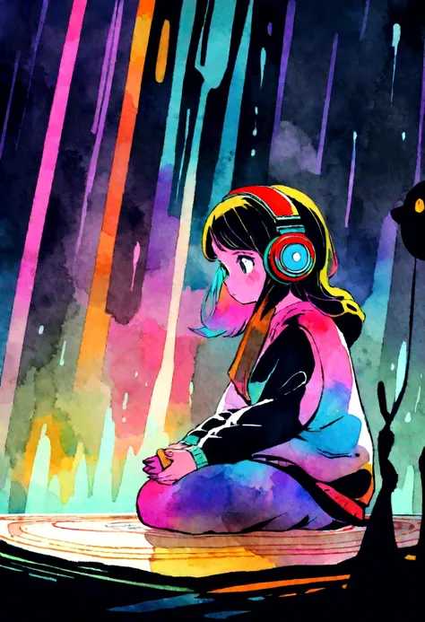 European hippie girl meditating in her room, dream, Wear headphones, night lighting, Neon scenery on a rainy day, Analog Color Theme, Lo-fi Hip Hop , review, flat, 2.5D ,Draw a line, Ink painting, Large slope, Watercolor, Goosh Colors, Studio Ghibli style,...