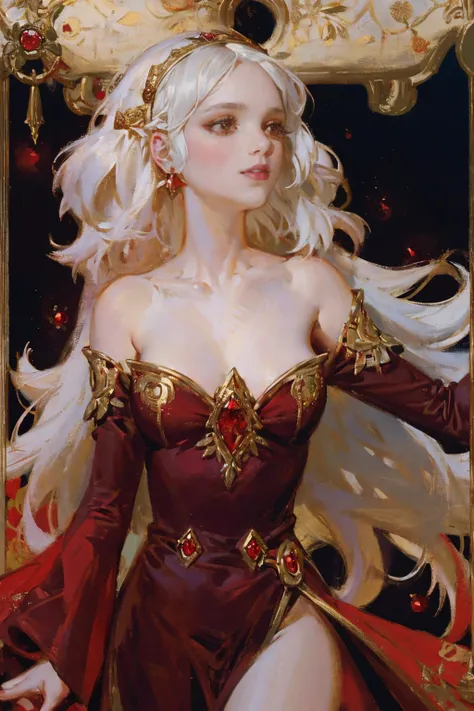 fantasy, princess Targaryen, full-length, garden, girl, with white hair, face looks like Daenerys|Natalie Portman, in a red and black dress embroidered with gold threads of rubies and diamonds with her eyes open, hd