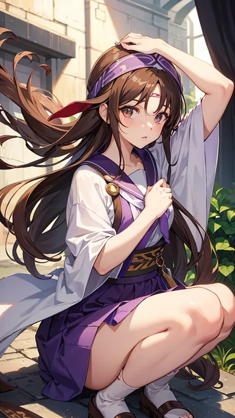 An anime girl in a lavender Clan outfit, with long, loose brown hair and brown eyes and a bandana on her forehead 