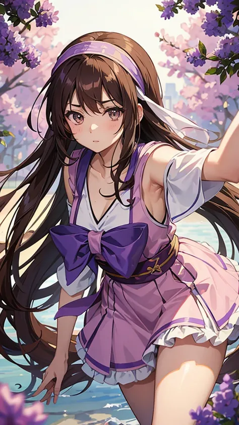 An anime girl in a lavender Clan outfit, with long, loose brown hair and brown eyes and a bandana on her forehead 