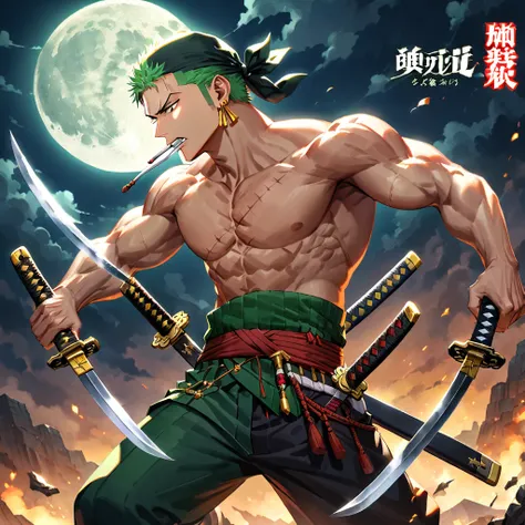 roronoa zoro, 1boy, male focus, solo, weapon, bandana, scar, sword, mouth hold, katana, moon, topless male, dual wielding, copyright name, full moon, earrings, green hair, jewelry, holding, muscular, ((medium quality)), ((medium quality))