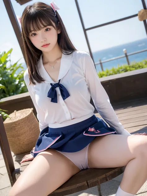 (spread legs:1.2), knees up, (ribbon付き　white panty:1.09), , , Navy Blue Skirt, , Clear cute big nipples, 　, Straight bangs, Medium Hair、Shrine maiden, , , 、(Show your panties neatly from the front:1.13)、Japanese girls like the ones in the photo,　Pale-skinn...