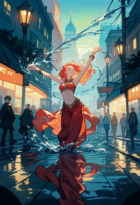 high quality, highly detailed, dancer, graceful, elegant pose, joy, , city streets, reflections, puddles, splashing water, dynamic movement, nighttime, soft streetlights, glistening raindrops, dramatic lighting,