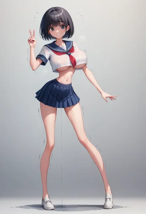 (masterpiece, best quality:1.2), front shot, beautiful 1girl, (super big breasts, micro waist:1.3), (very long legs:1.4), Black hair, short bob hair, short height, scrawny and thin body, (Very thin abdomen:1.3), Light Skin, cute big eyes, cute beautiful th...