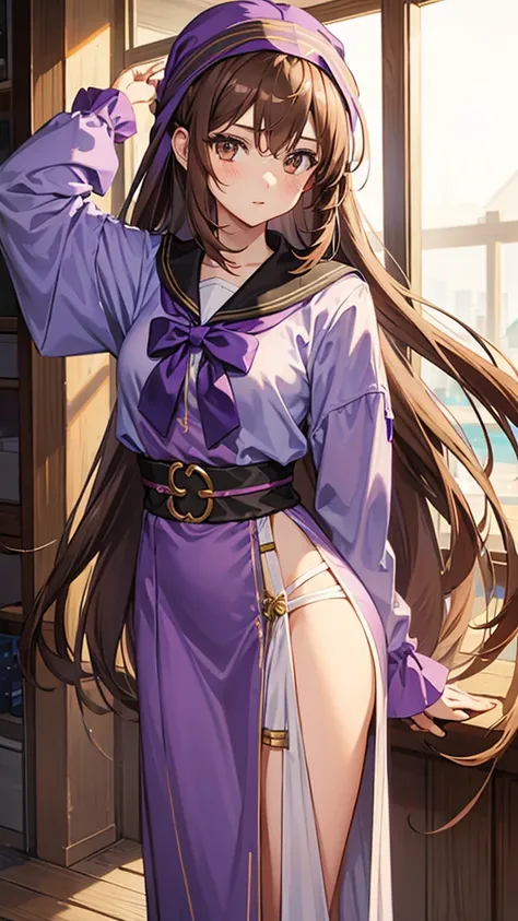 An anime girl in a lavender Clan outfit, with long, loose brown hair and brown eyes and a bandana on her forehead 