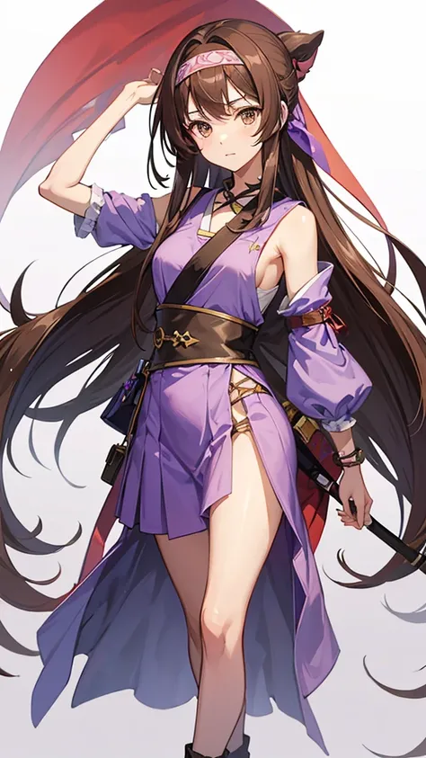 An anime girl in a lavender Clan outfit, with long, loose brown hair and brown eyes and a bandana on her forehead 