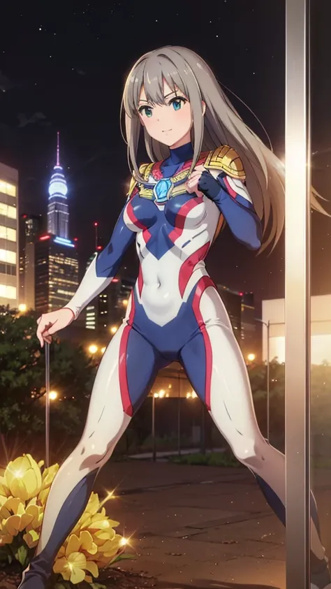 (masterpiece、Highest quality、In 8K、High resolution:1.2)、alone、One girl、 Shibuya Rin、Tight clothes、Cowboy Shot、smile、Hero Suit、Bodysuits、Tight suit、Trained abdominal muscles、Trained biceps、(nffsw :1.0）、 レッドウルトラマンBodysuits、A jewel shining on my chest、（buildi...