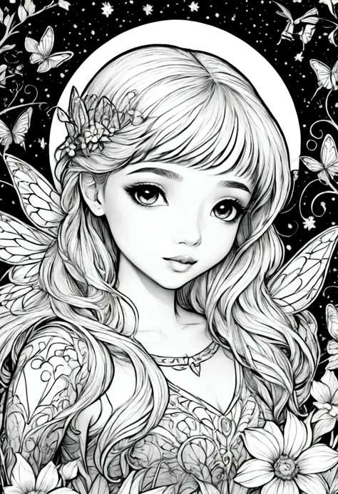 (a black and white coloring book:1.5), a magical fairy surrounded by glowing fireflies in a moonlit forest, clean line art, whit...