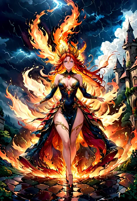 a sorceress of fire making fire dance in a the (storm of rain: 1.3), a most exquisite beautiful sorceress, controlling fire manipulating fire, a woman, dynamic hair color, dynamic hair style, (most beautiful face: 1.3), (ultra detailed face: 1.2), wet hair...