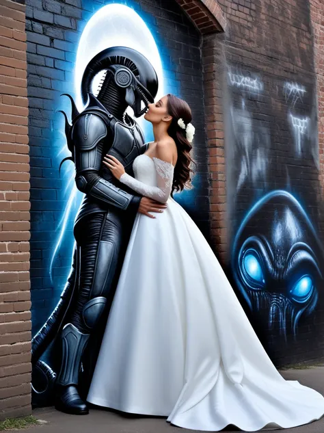 ((masterpiece), (best quality), (supernatural), bright graffiti on a brick wall depicting the philosophy of insane attraction and a kiss full of passion of a brides girl in a wedding dress to a xenomorph alien, photorealism, HD, hyperrealism,