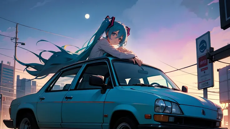 Hatsune Miku、Under the moon、Leaning against the car