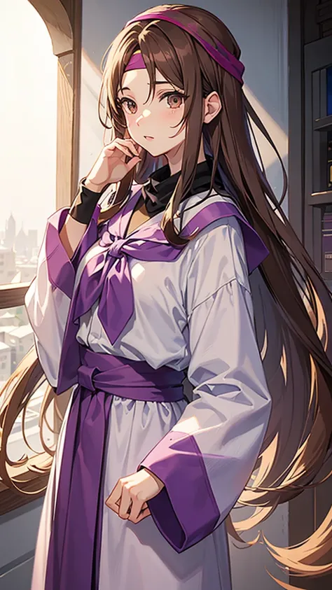 An anime girl in a lavender Clan outfit, with long, loose brown hair and brown eyes and a bandana on her forehead 